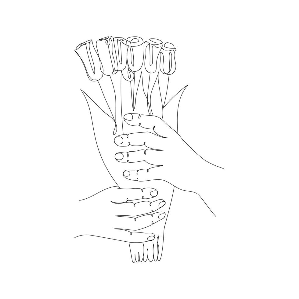 iemands handen een boeket getekend door één lijn. romantische schets. geïsoleerd. doorlopende lijntekening minimalistische kunst. voor wenskaart, poster, banner. feestelijke vectorillustratie. vector