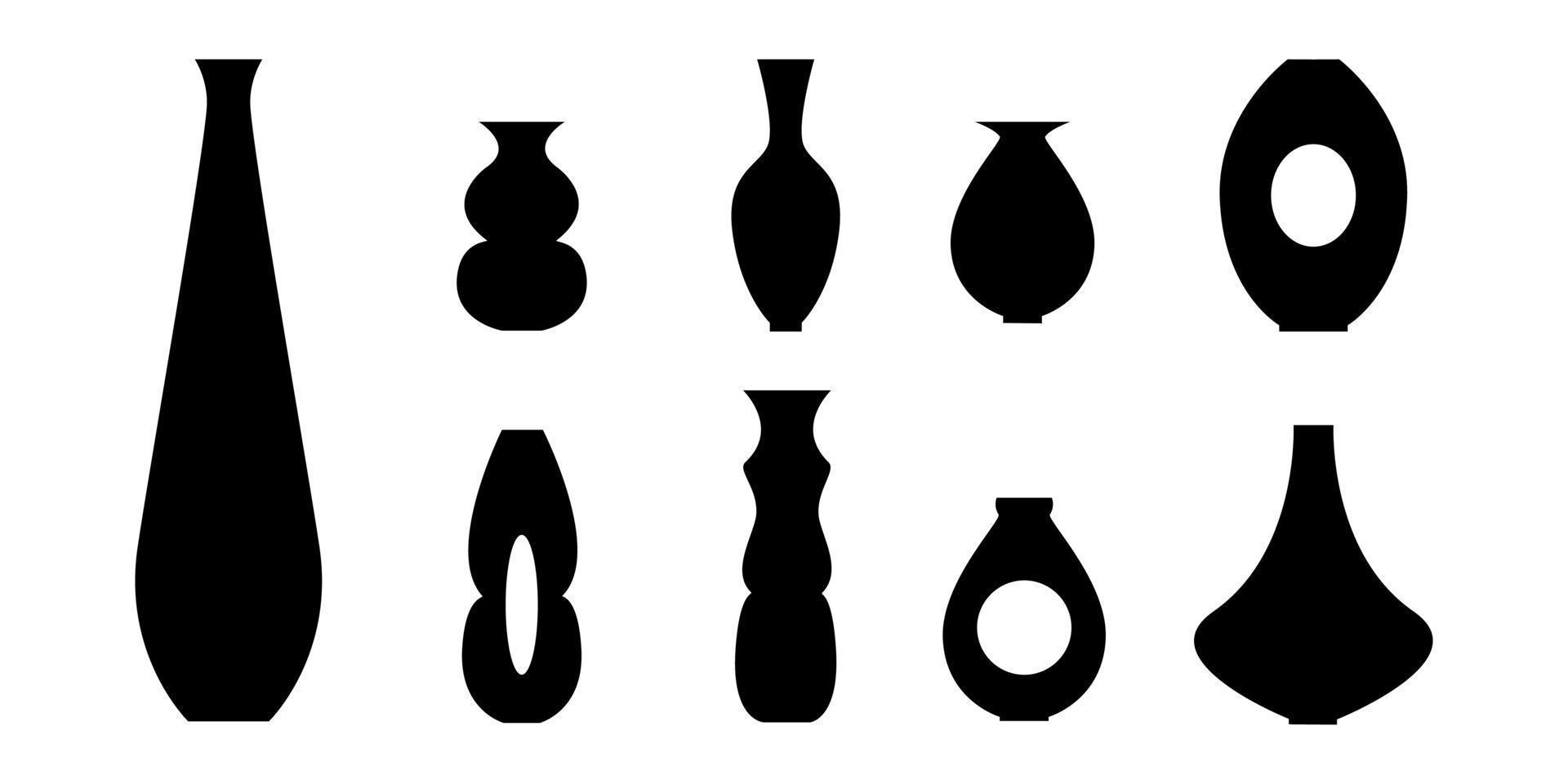 collectie van zwart silhouet van vazen en vazen van verschillende vormen. geïsoleerd. decor voor interieur. vectorillustratie. vector