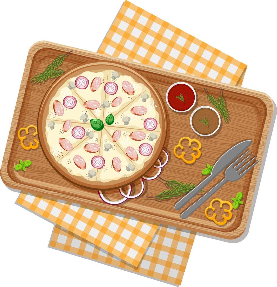 bovenaanzicht van kaaspizza op een houten dienblad vector