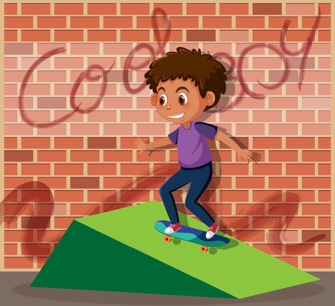 een scène van een kleine jongen die skate vector