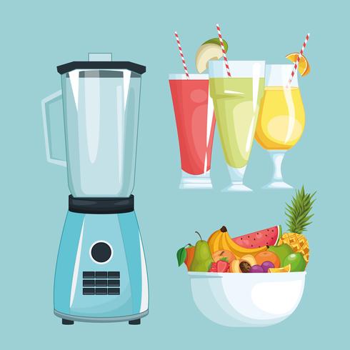 smoothies met fruitschaal en mixer vector