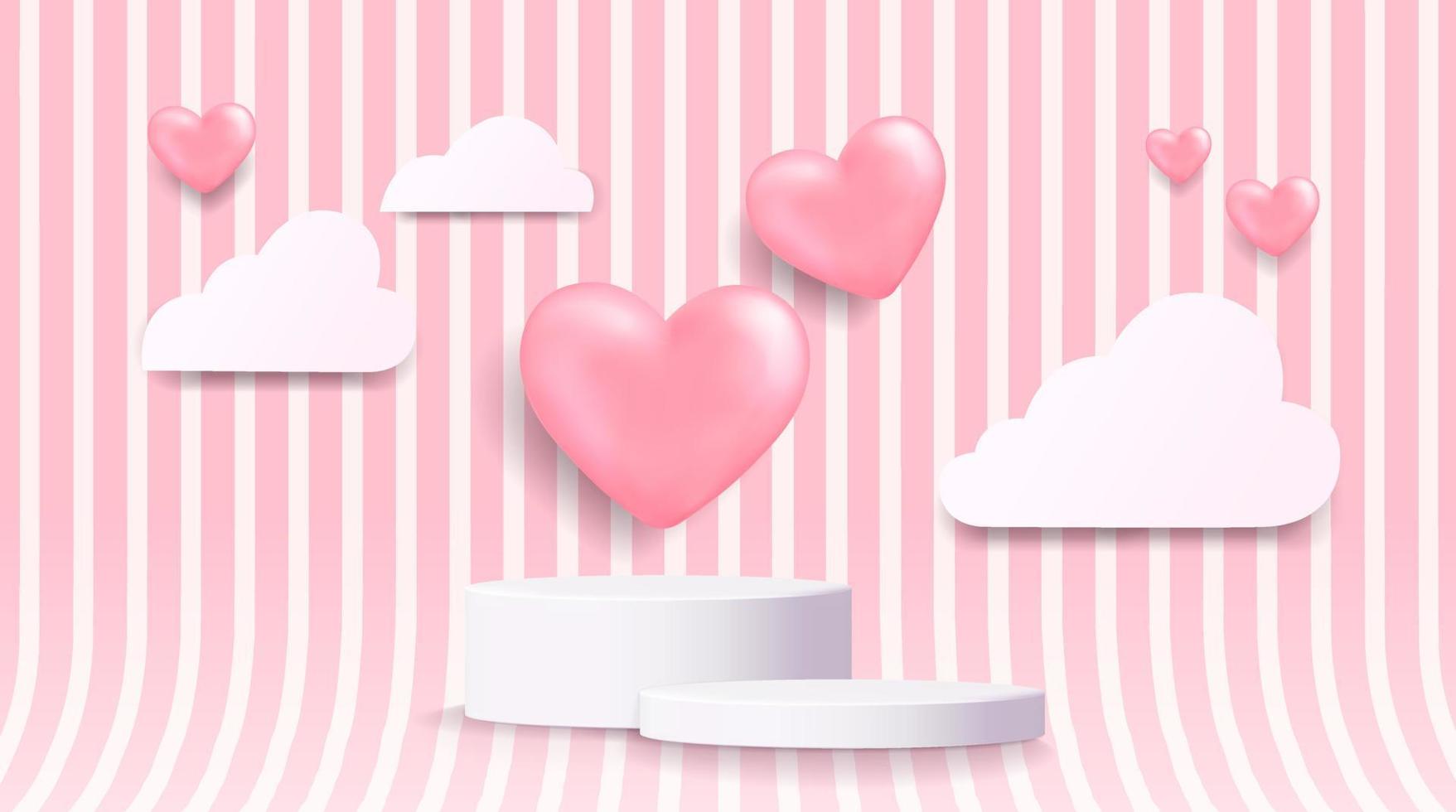 3d wit cilinder voetstuk podium met realistische roze ballonnen vorm hart wandscène en papier gesneden wolken. vector