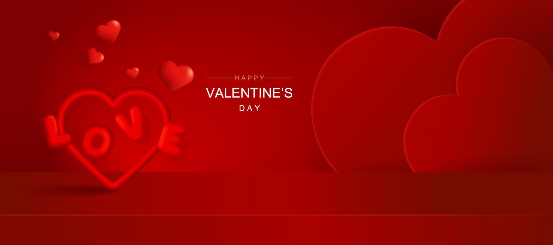 Valentijnsdag-sjabloon voor spandoek met 3D-harten, stralende lichten en podium. vector illustratie