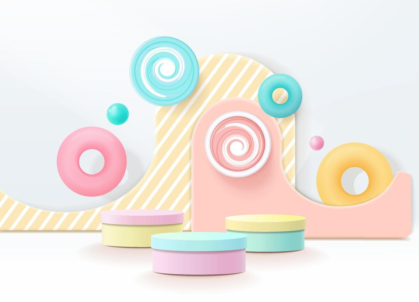 3D-rendering podium kid-stijl met kleurrijke pastelachtergrond met ruimte voor kinderen of babyproduct vector