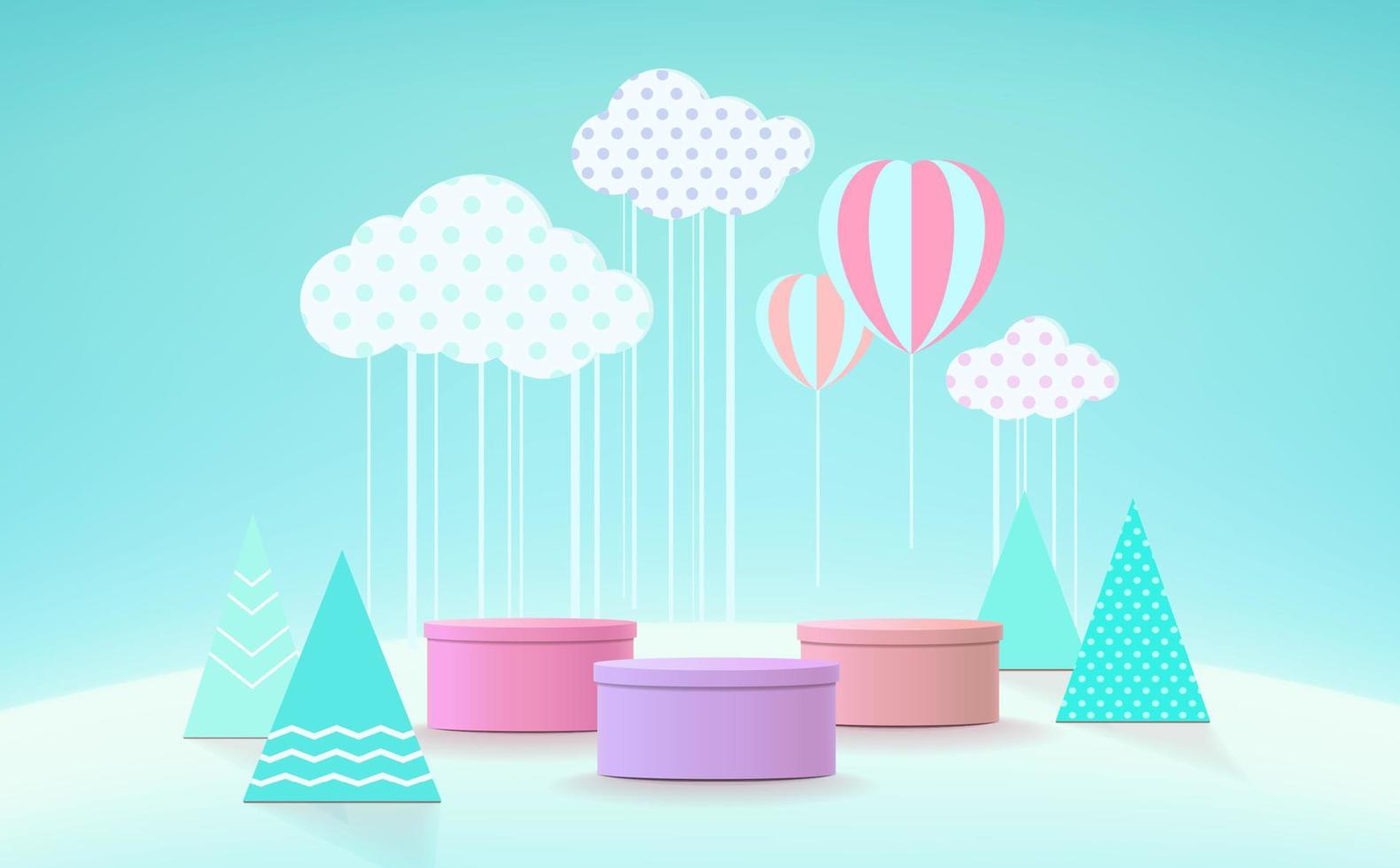 3D-renderingpodium, kleurrijke pastelachtergrond, wolken en weer met lege ruimte voor kinderen of babyproduct vector