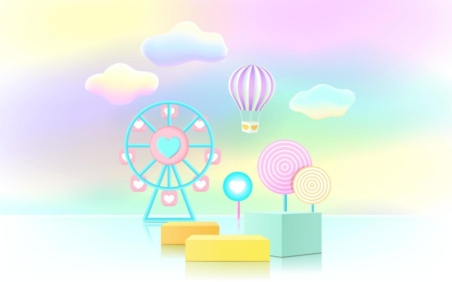 3D-rendering podium, pastelkleurige achtergrond, wolken en weer met lege ruimte voor kinderen of babyproduct. vector