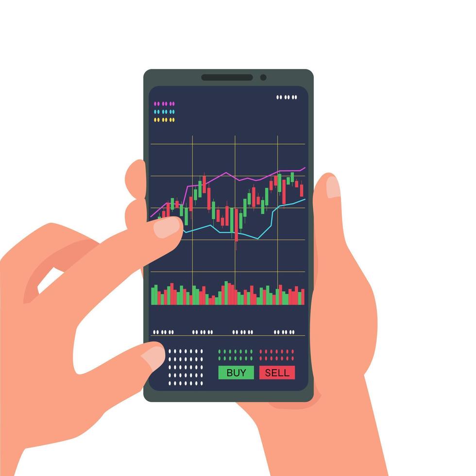 mobiele applicatie om te handelen op de telefoon. financiële analyses. smartphone-app met ui, online statistieken, data-analyse en financiën. kaarsdiagram op het smartphonescherm. vector