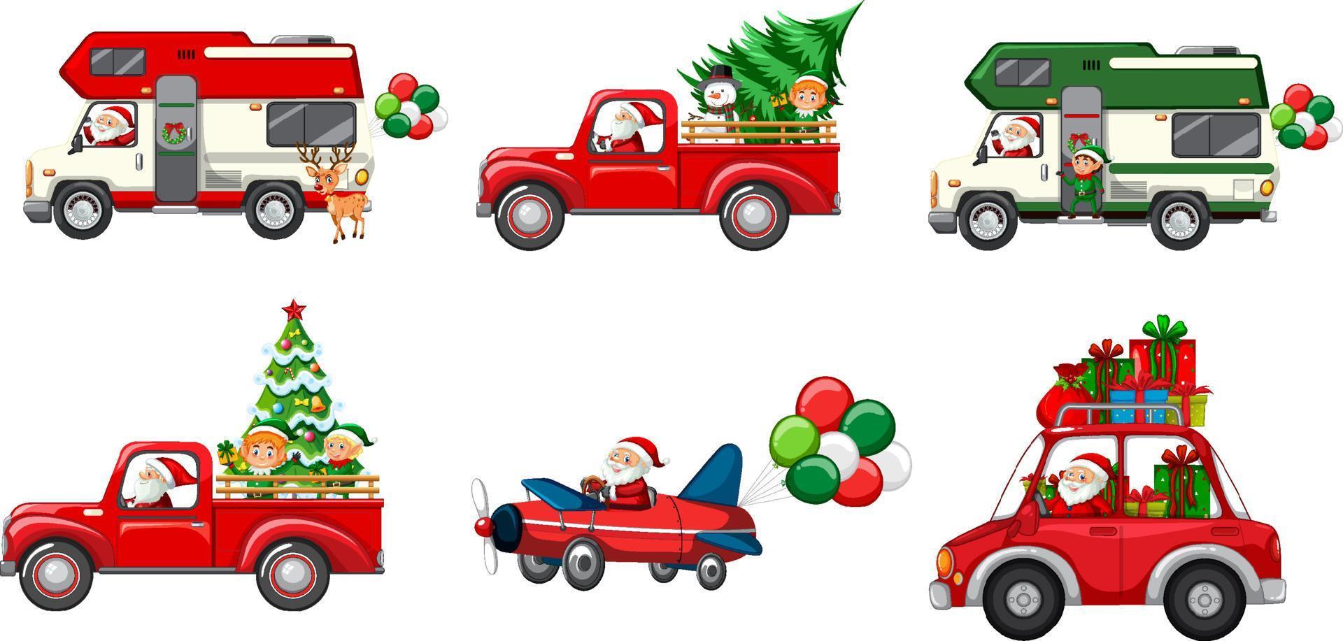 set van verschillende kerstauto's en karakters van de kerstman vector