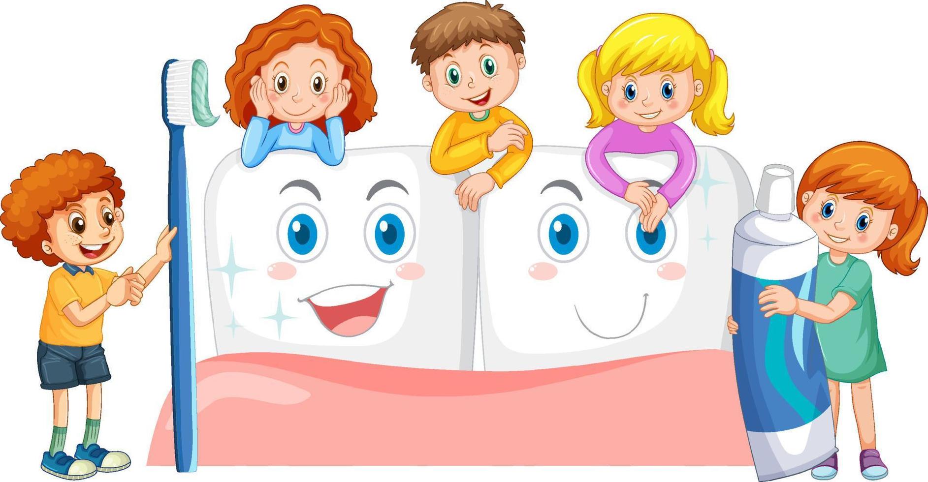 kinderen met tandpasta en tandenborstel met wittere tanden op een witte achtergrond vector
