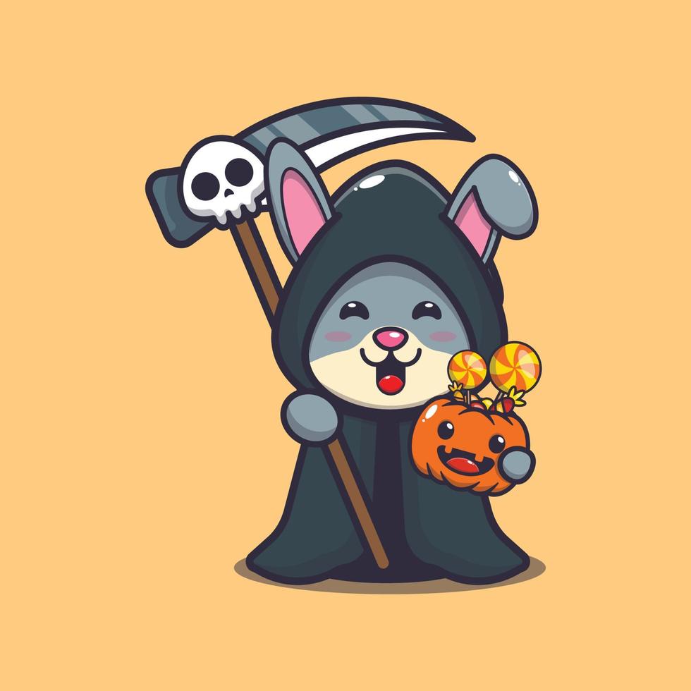 schattig konijn in grim reaper kostuum met zeis en halloween pompoen vector