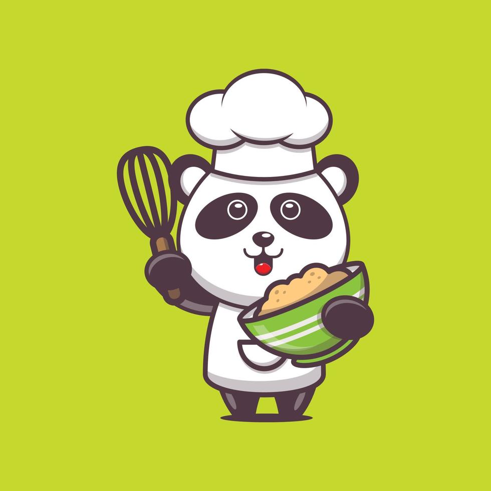 schattige panda chef-kok mascotte stripfiguur met cakedeeg vector