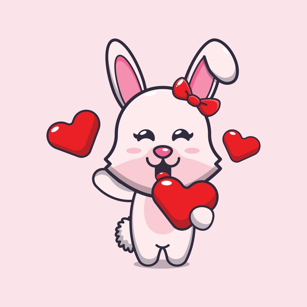 schattig konijntje stripfiguur met liefdeshart in Valentijnsdag vector