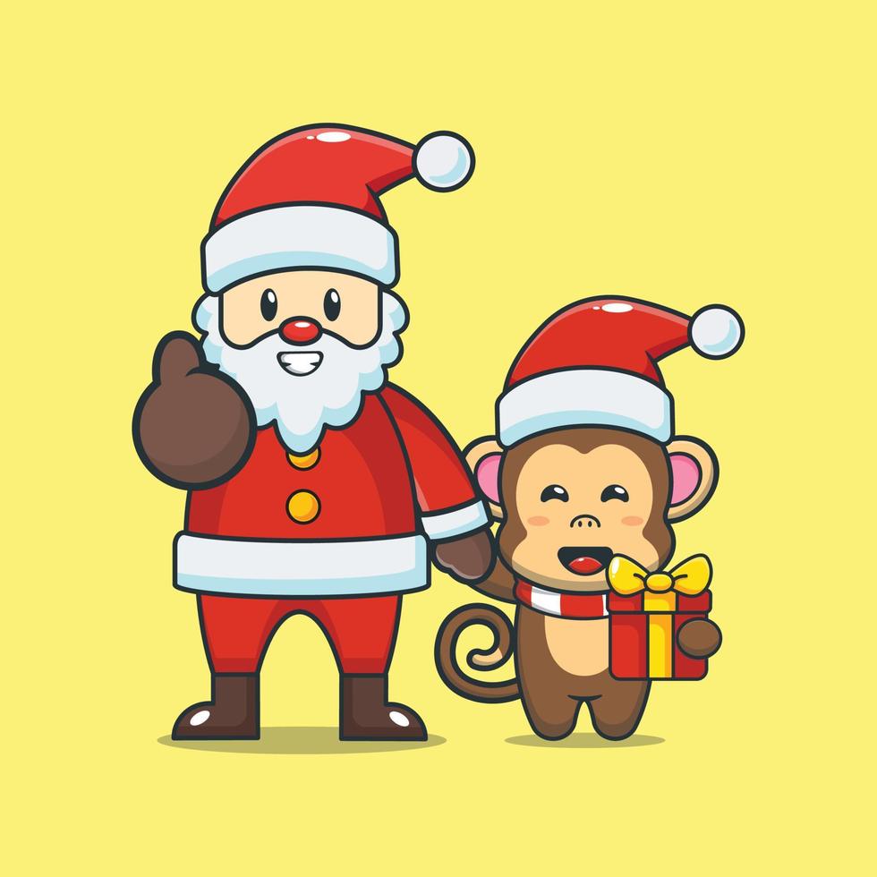schattige aap stripfiguur met de kerstman vector