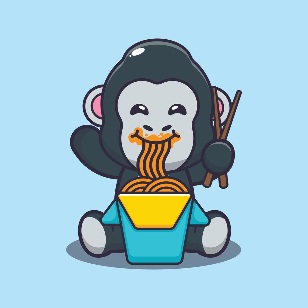 schattige gorilla eten noodle cartoon vectorillustratie vector