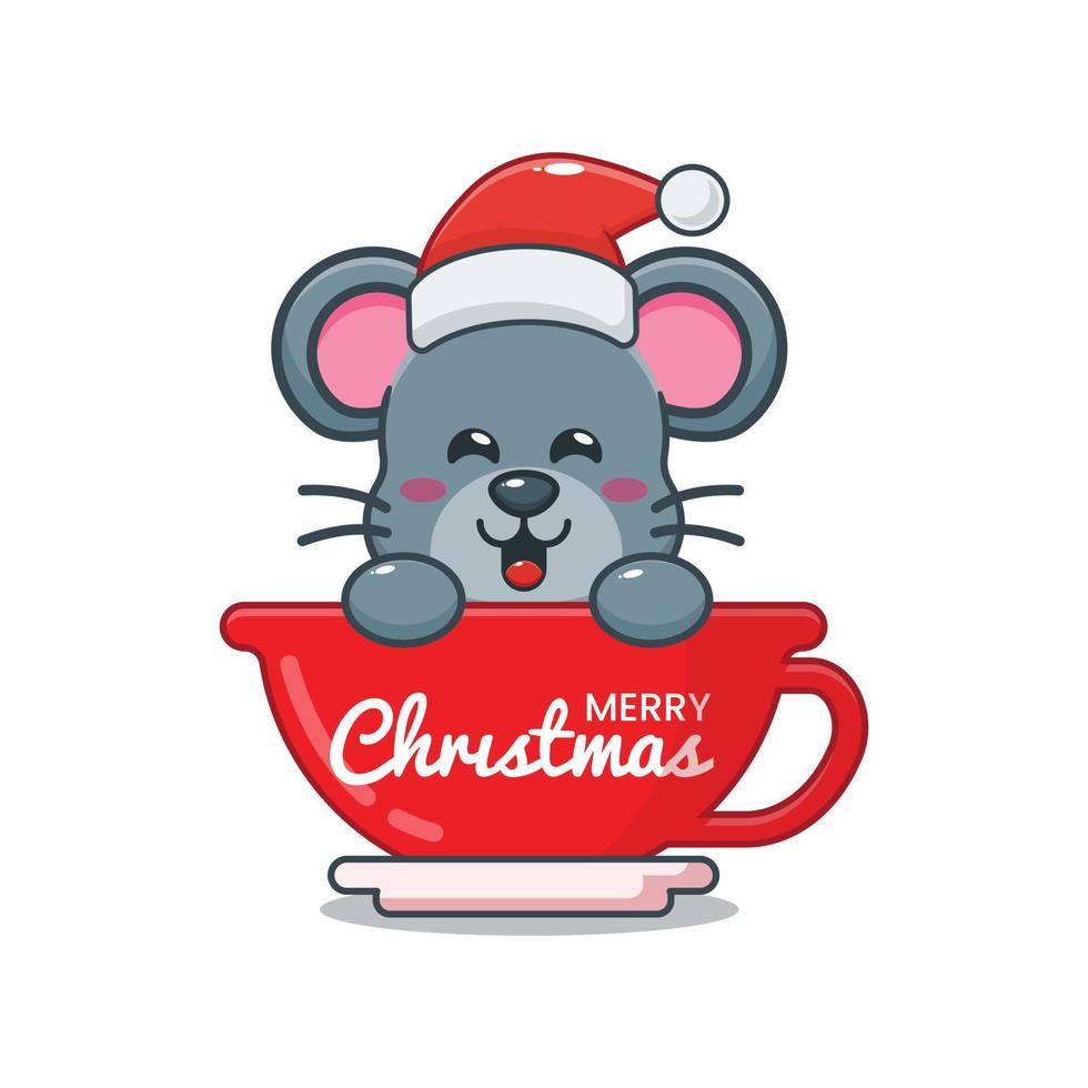 schattig muis stripfiguur met kerstmuts in beker vector