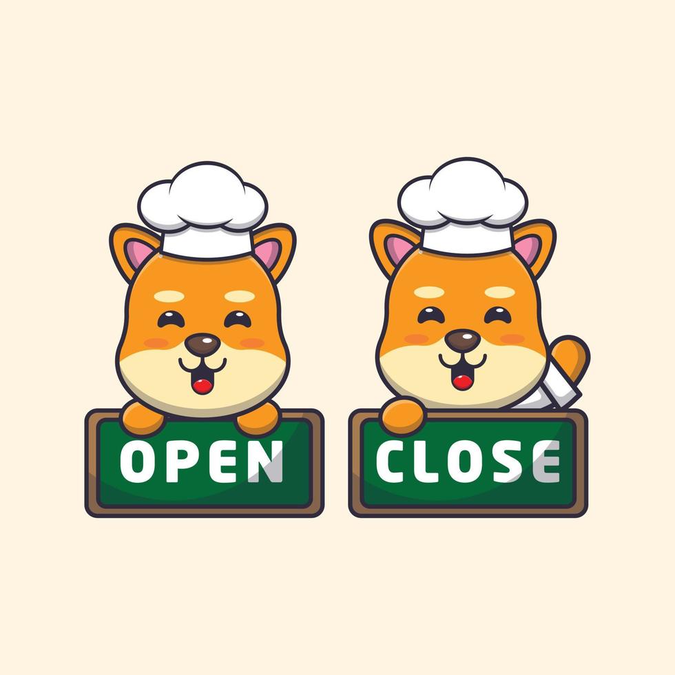 schattig shiba inu hond chef-kok mascotte stripfiguur met open en dicht bord vector