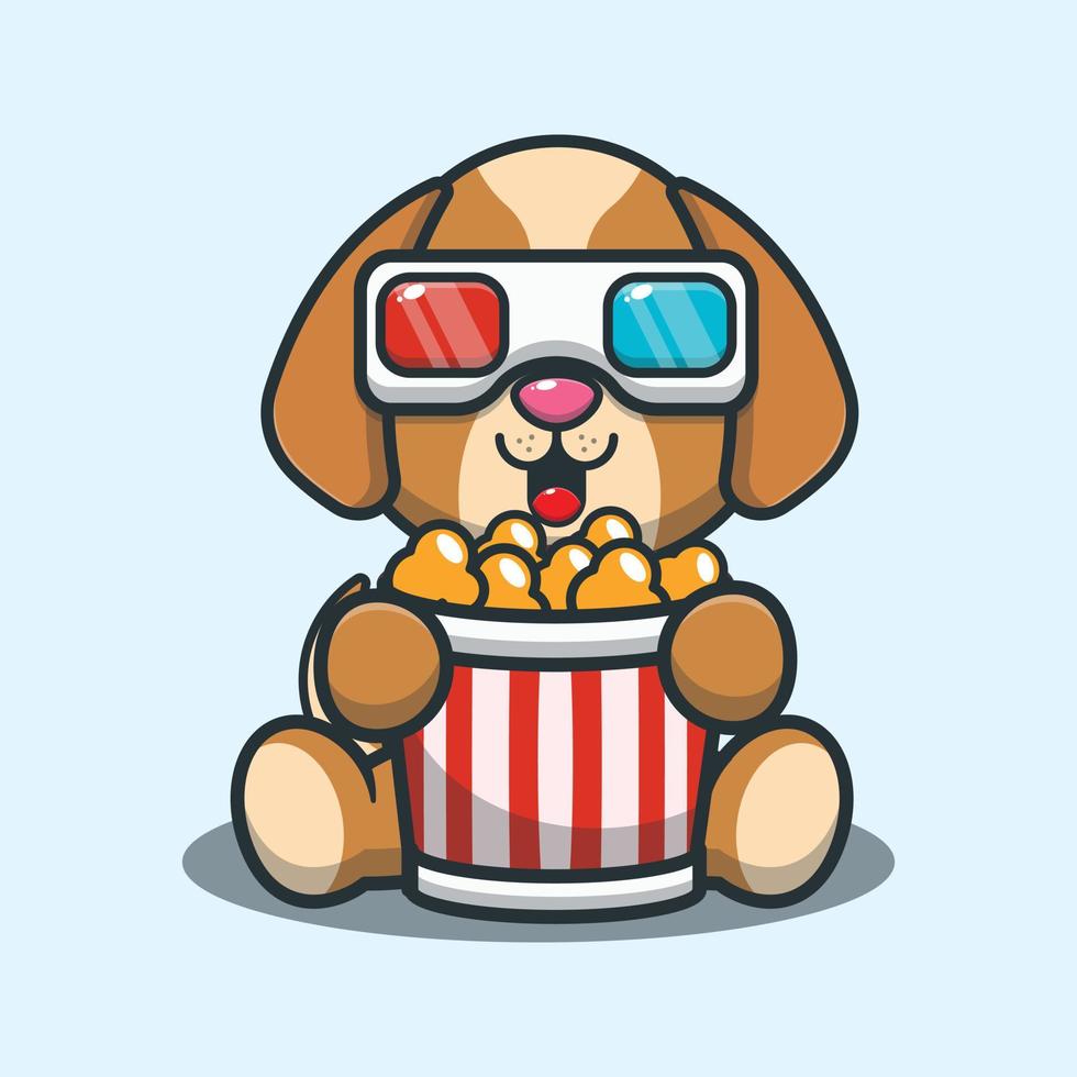 schattige hond die popcorn eet en 3D-film kijkt vector