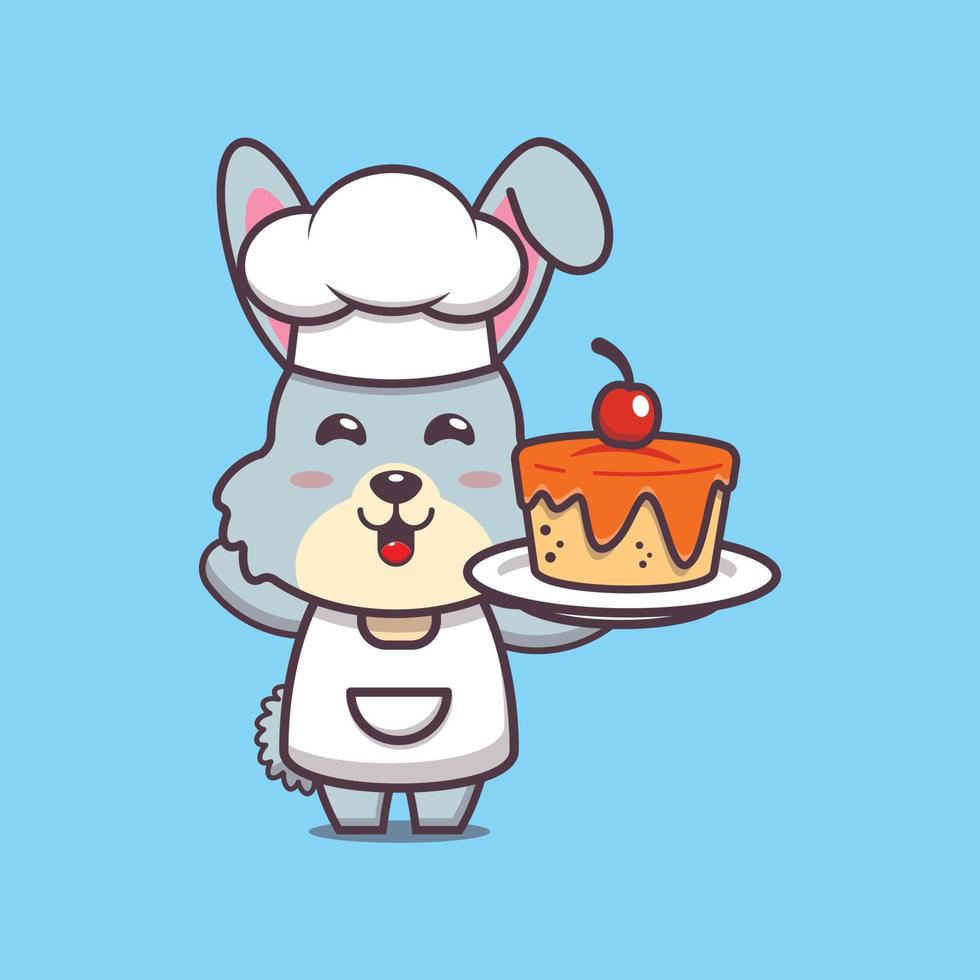 schattig konijn chef-kok mascotte stripfiguur met cake vector