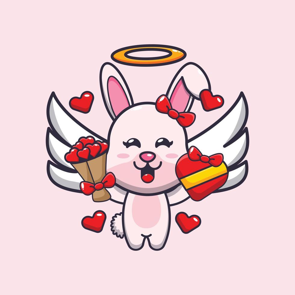 schattig konijntje cupid stripfiguur met liefdescadeau en liefdesboeket vector