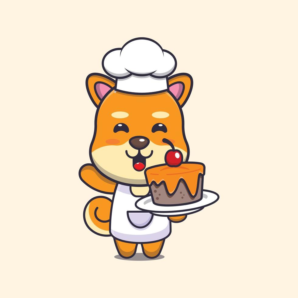 schattige shiba inu hond chef-kok mascotte stripfiguur met cake vector