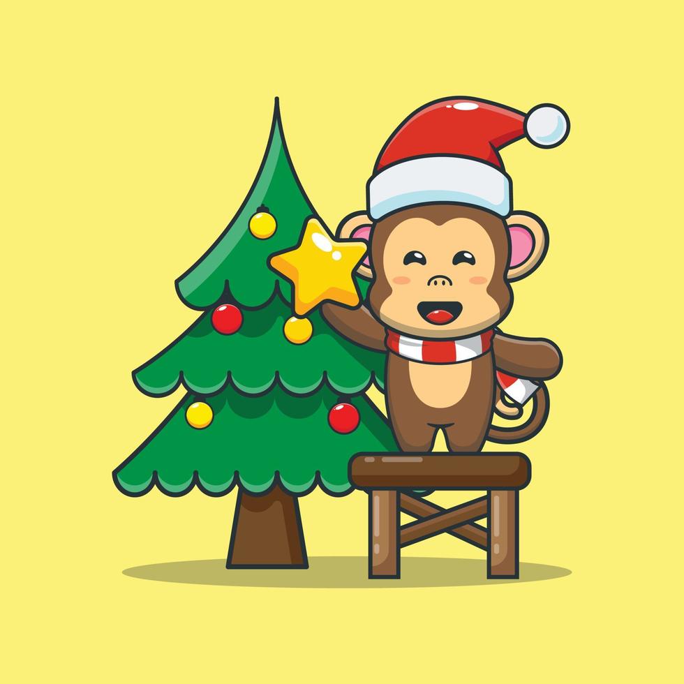 schattige aap stripfiguur die ster van kerstboom neemt vector