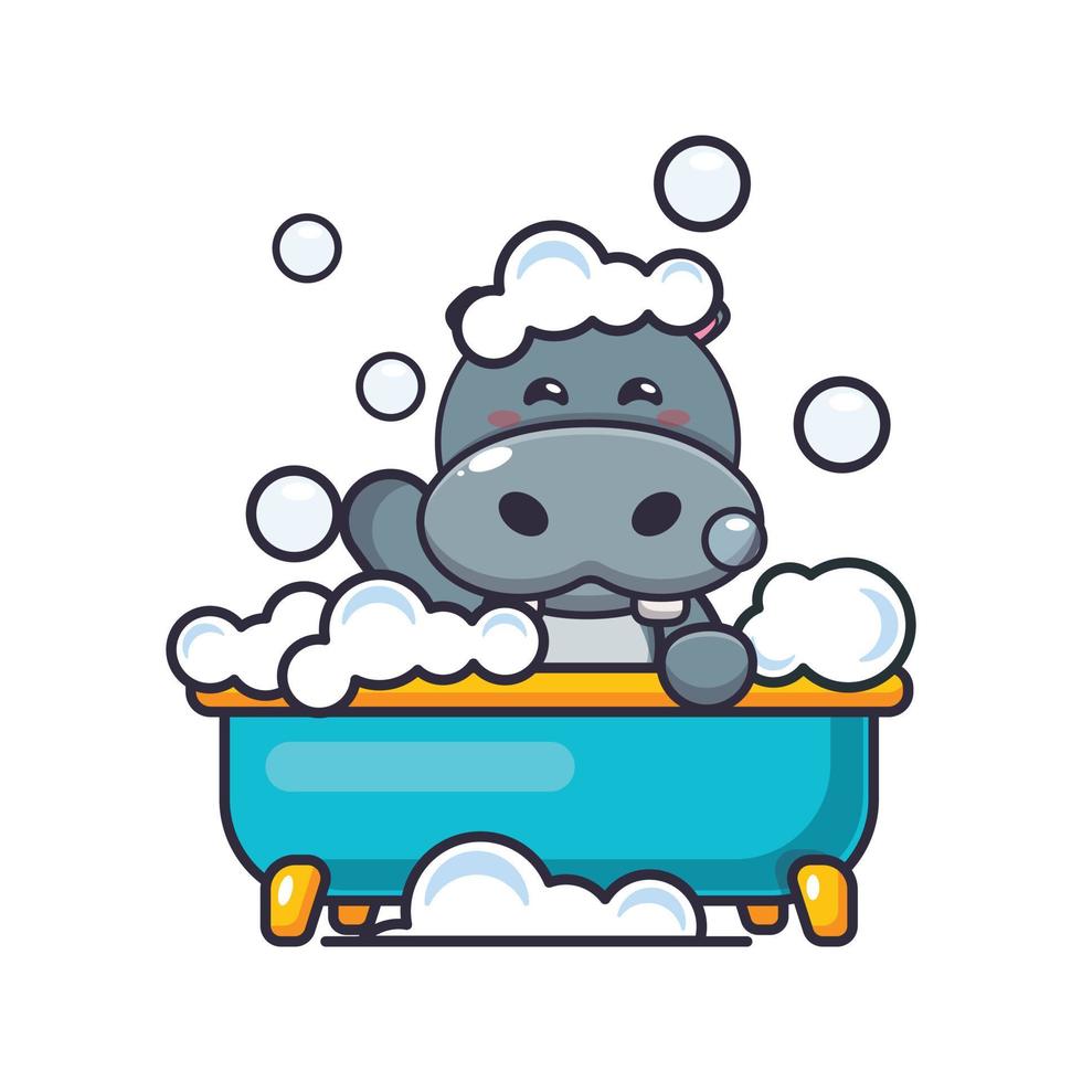 schattig nijlpaard dat bubbelbad neemt in badkuip cartoon vectorillustratie vector