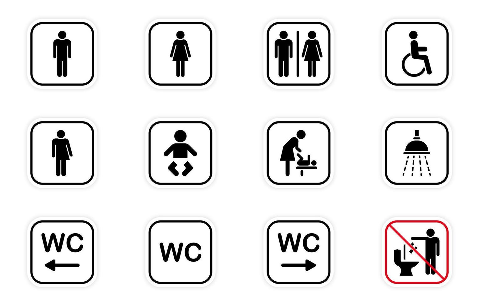 toilet kamer silhouet pictogram. set wc-teken. openbare wasruimte voor gehandicapten, man, vrouw, transgender. badkamer, toiletpictogram. moeder- en babykamer. vectorillustratie. vector