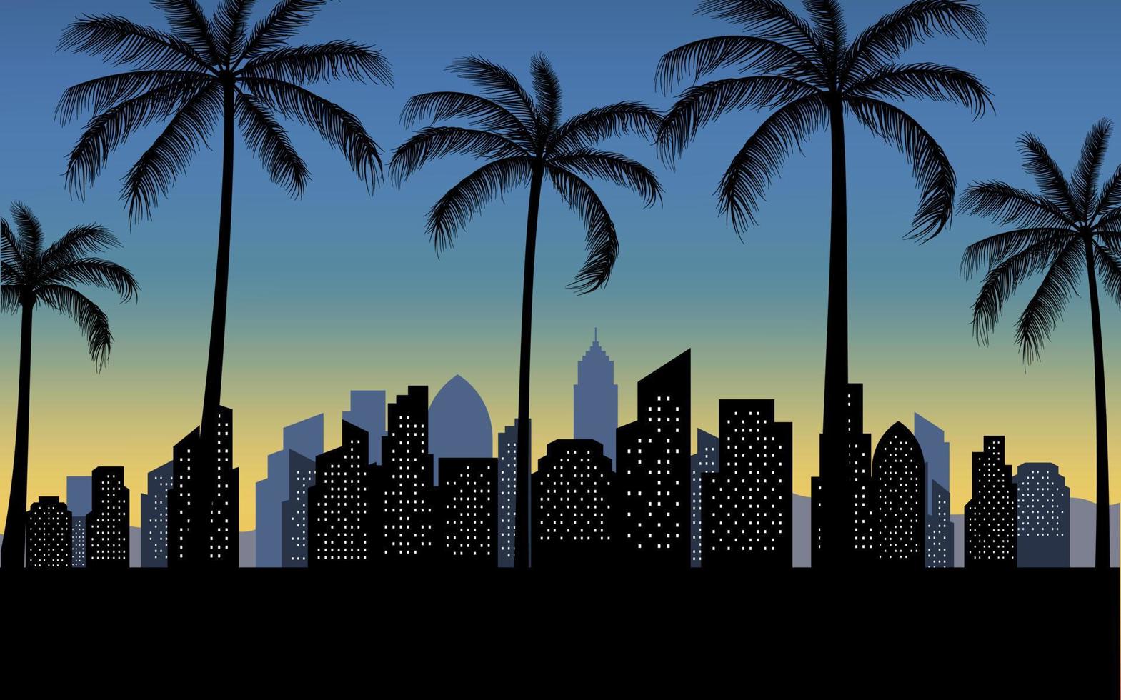 silhouet skyline van de stad uitzicht met palmbomen achtergrond vector