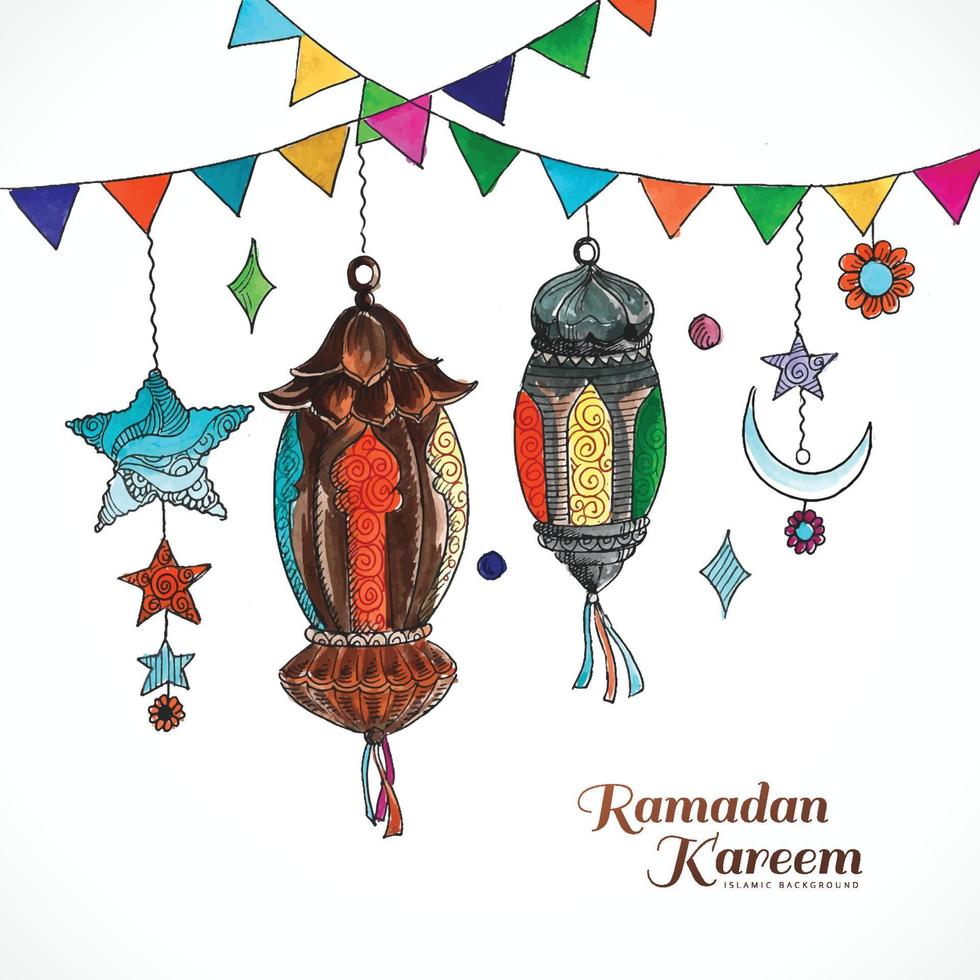 mooie decoratieve islamitische ramadan kareem festivalgroet met lamp en maanachtergrond vector
