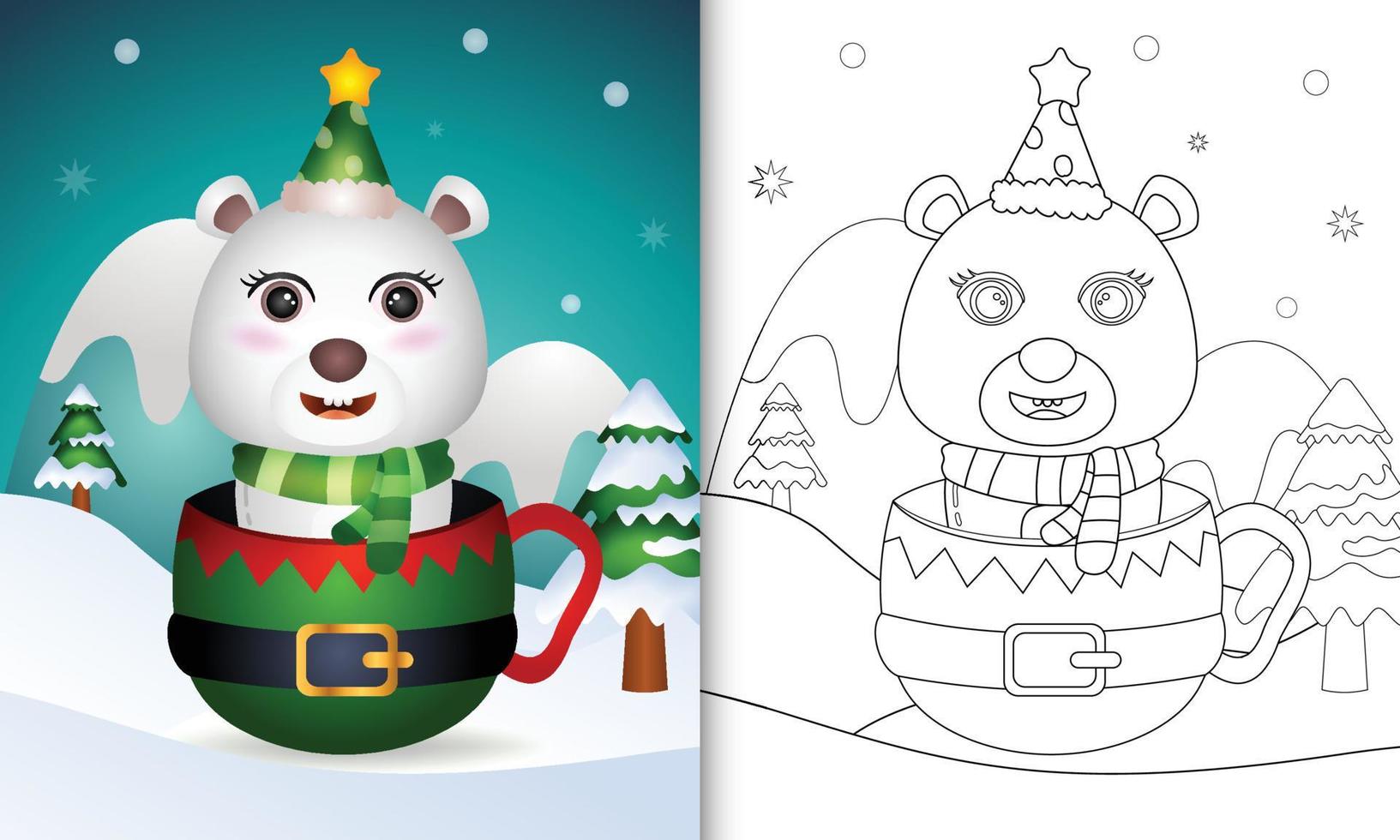kleurboek met schattige ijsbeer kerstfiguren met een muts en sjaal in de elfbeker vector