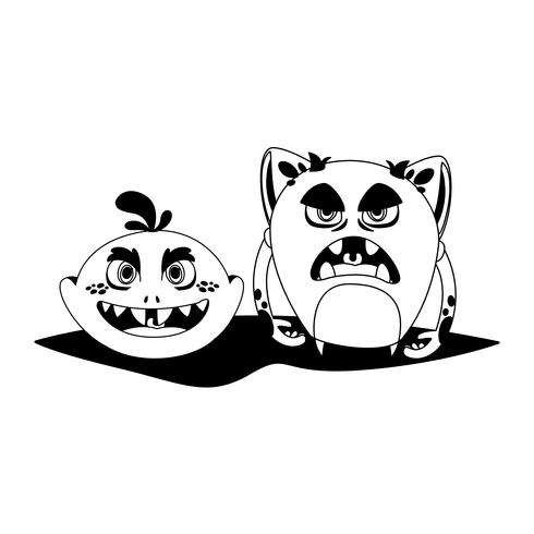 grappige monsters paar stripfiguren monochroom vector