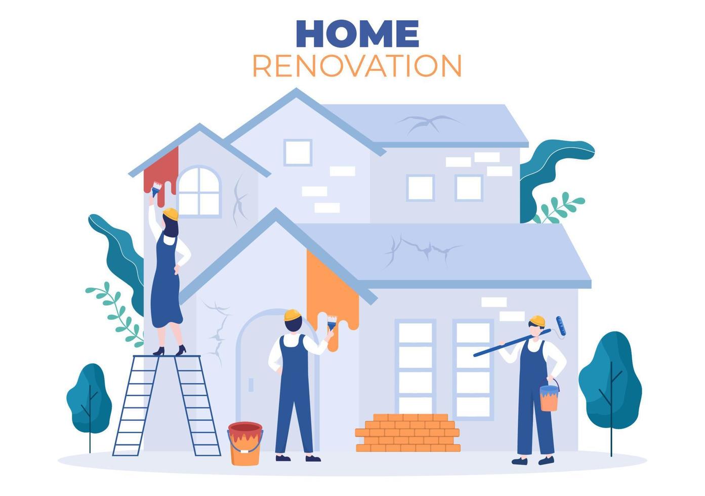 renovatie of reparatie van het huis met bouwgereedschap, het leggen van vloertegels en het schilderen van de muur tot een goede decoratieconditie in een vlakke achtergrondillustratie vector