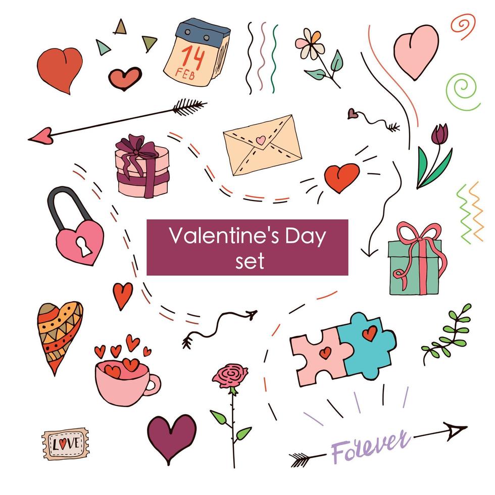 set van doodles voor Valentijnsdag. vectorillustratie. gekleurde set doodles. vector