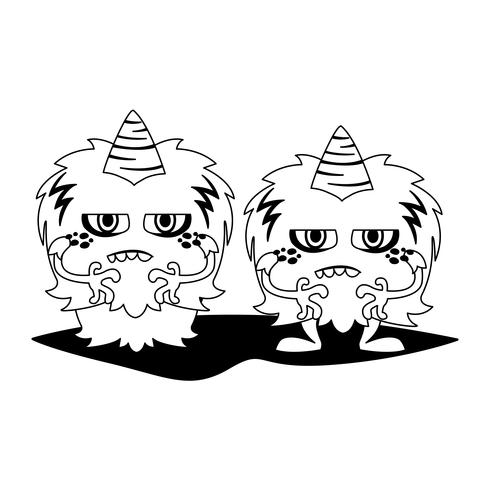 grappige monsters paar stripfiguren monochroom vector