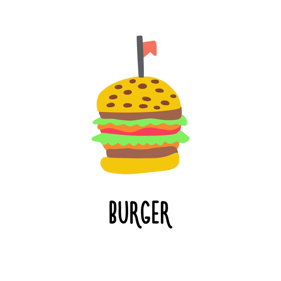 een clipart met een afbeelding van een burger met salade, kaas, tomaat en kotelet vector