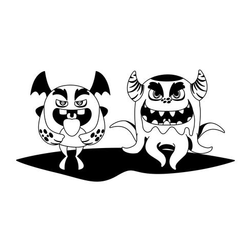 grappige monsters paar stripfiguren monochroom vector