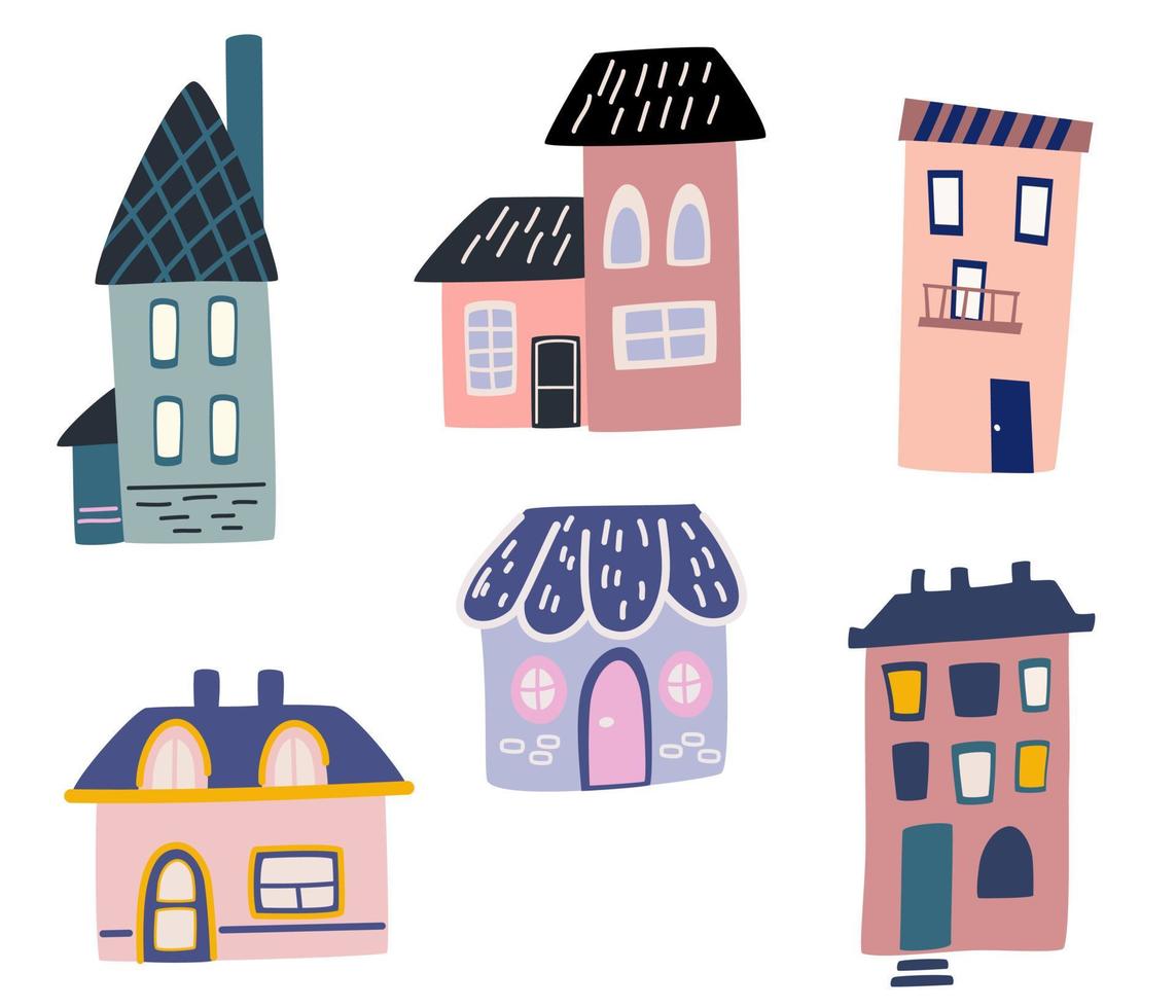 leuke tekenfilmhuizen. verschillende kleine huisjes. kleine herenhuizen, minimalisme van stedelijke gebouwen, minimale voorstedelijke woningbouw vector illustraties set iconen.