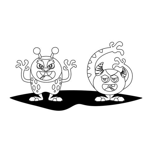 grappige monsters paar stripfiguren monochroom vector