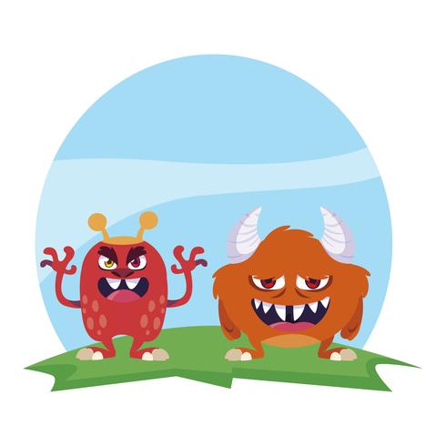 grappige monsters paar in het veld kleurrijke karakters vector