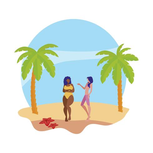 jonge interraciale meisjes paar op het strand zomers tafereel vector