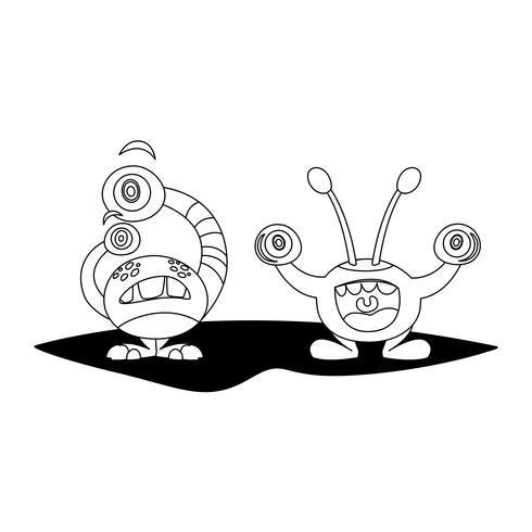 grappige monsters paar stripfiguren monochroom vector