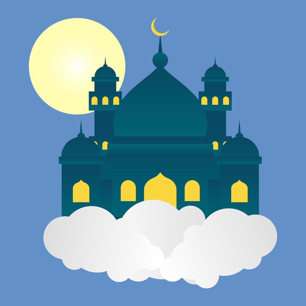 vlakke afbeelding van moskee in wolk met blauwe achtergrond. vector
