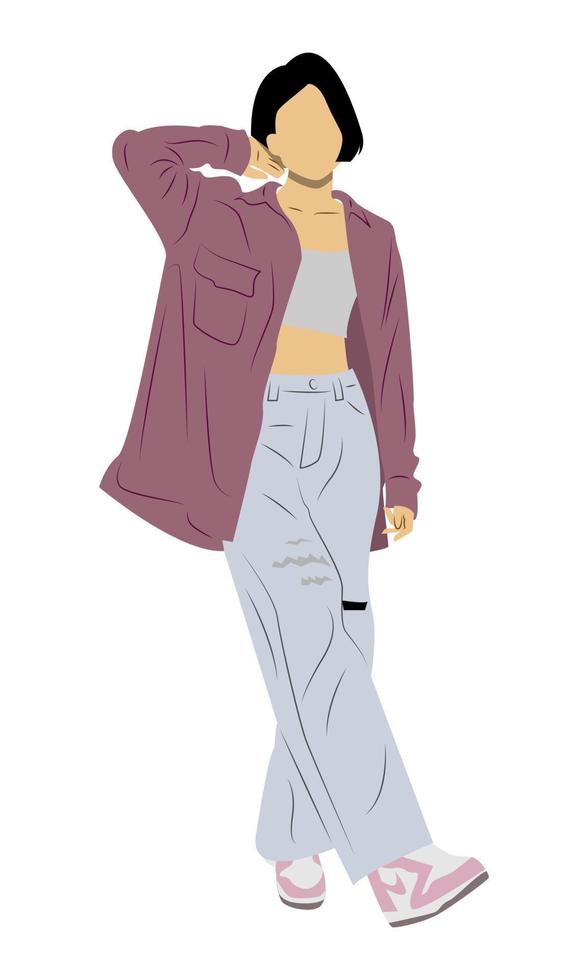 streetwear fashion model meisje met kort haar. platte vectorillustratie geïsoleerd op een witte achtergrond. vector