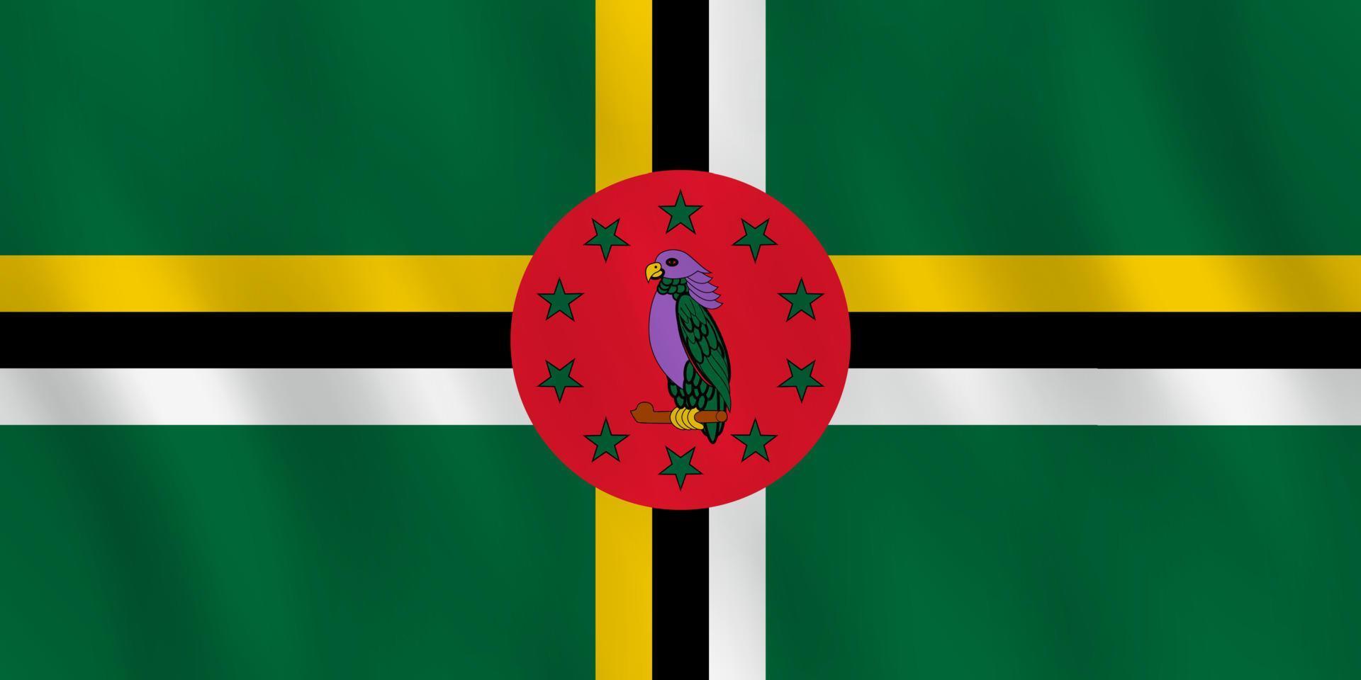 Dominica vlag met zwaaiend effect, officiële verhouding. vector