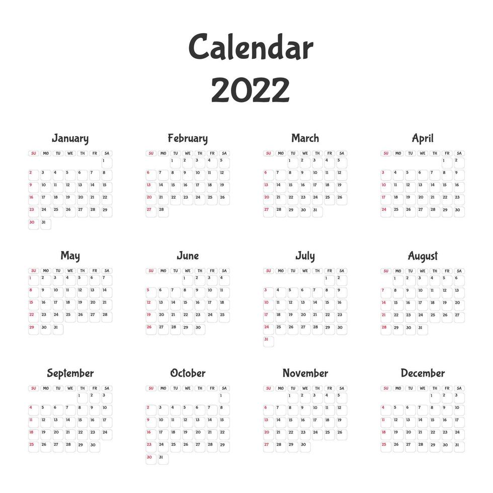 kalender voor 2022. de week begint op zondag. alle maanden. kalender sjabloonontwerp. vector. vector