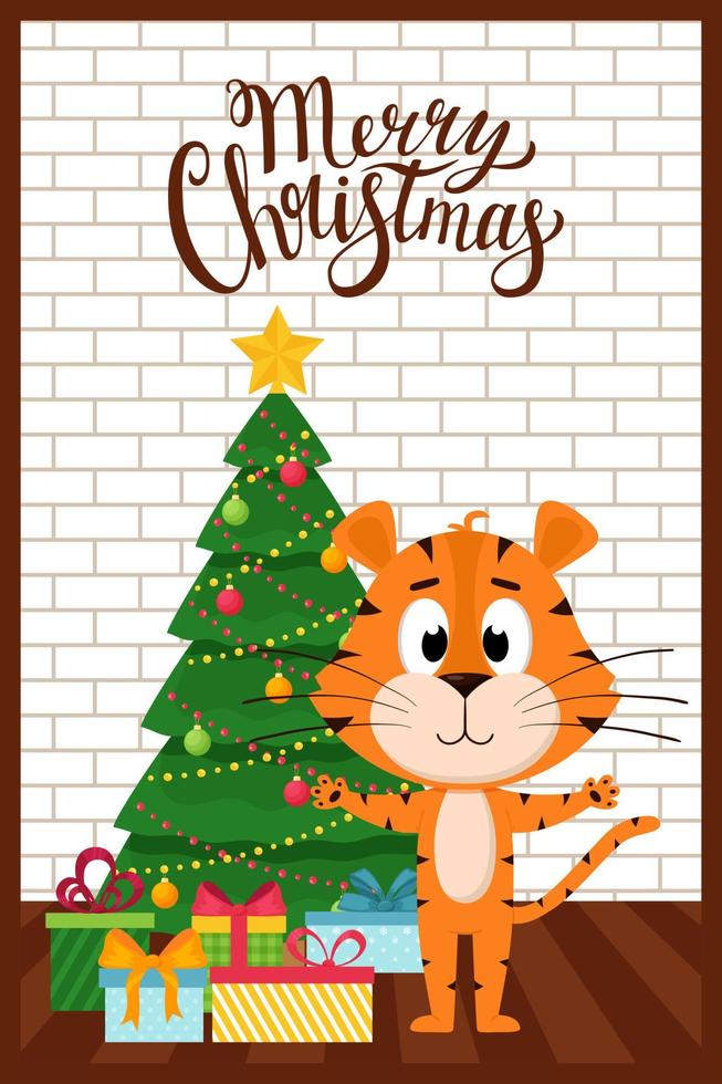 kerstwenskaart met een tijger, een kerstboom en geschenkdozen op de achtergrond van een bakstenen muur. schattige stripfiguur tijger is een symbool van het chinese nieuwe jaar. kleur vectorillustratie. vector