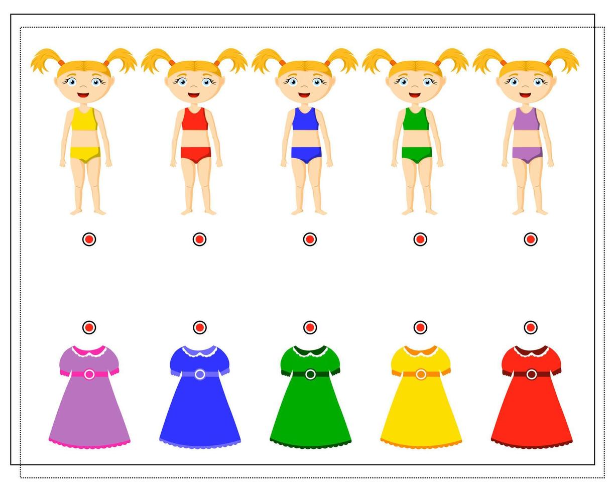 een puzzelspel voor kinderen. kleur training, match de kleuren van de kleding. jurken van verschillende kleuren. vector