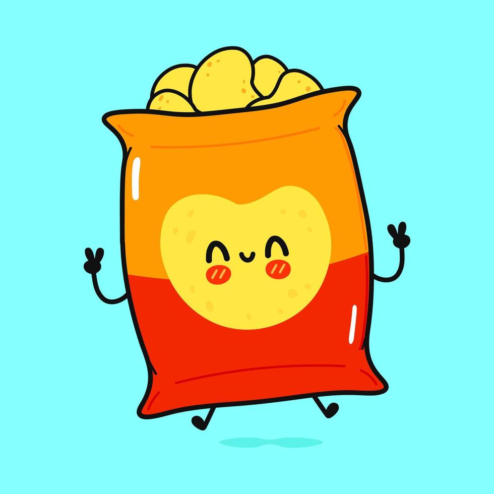 leuk grappig chipskarakter. vector hand getekend cartoon kawaii karakter illustratie pictogram. geïsoleerd op blauwe achtergrond. chips karakter concept