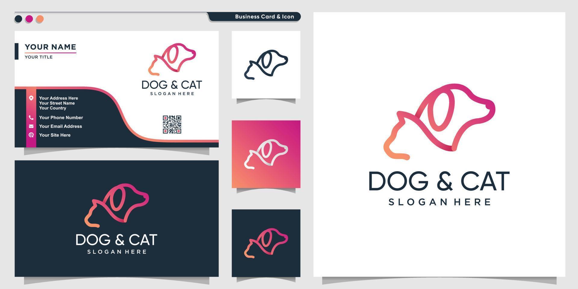 hond en kat logo moderne gradiënt lijn kunststijl en visitekaartje ontwerpsjabloon premium vector