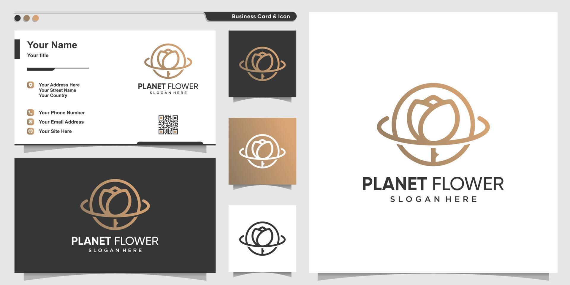 planeet logo met schoonheid luxe bloem lijn kunststijl en visitekaartje ontwerpsjabloon premium vector